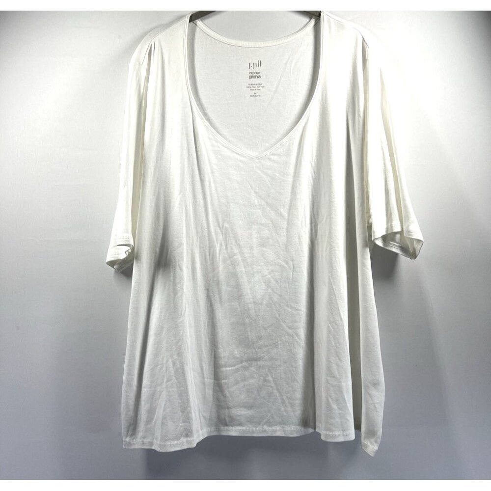 J Jill Perfect Pima‎ Top Size 3X White V Neck Elbow Sleeve Pullover 100% Cotton